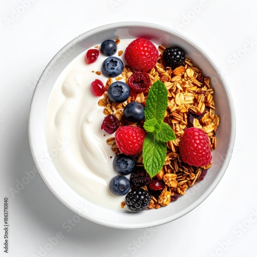 A bowl of yogurt, granola, and fresh berries, close-up on white