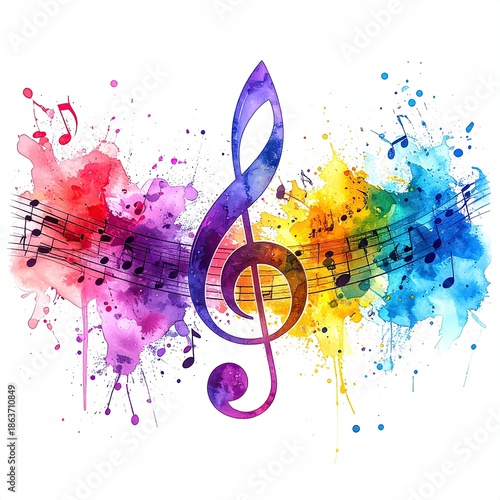 Watercolor music art, treble clef, notes, rainbow splashes