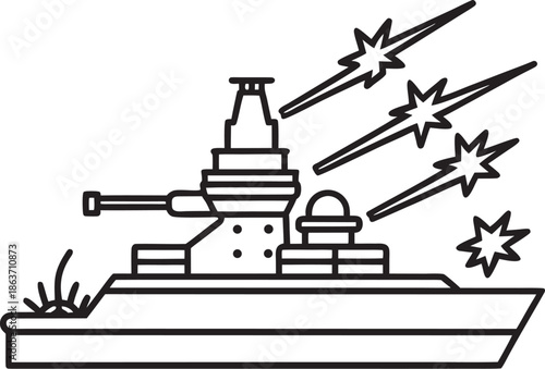 Stylized Line Art of a Warship Firing Missiles and Under Attack