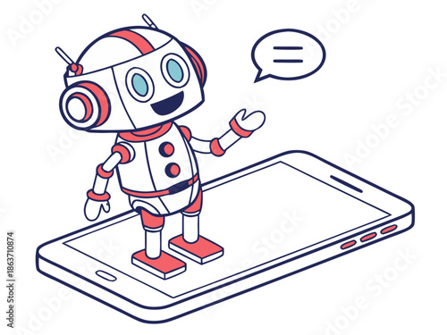 Cute robot mascot standing on a smartphone, waving and talking