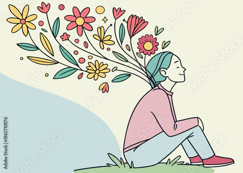 Woman sitting in meditative pose with flowers blooming from head, symbolizing inner peace and growth.