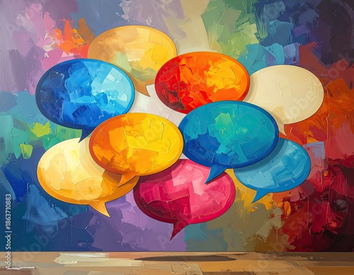 Colorful abstract painting of overlapping speech bubbles on a textured background