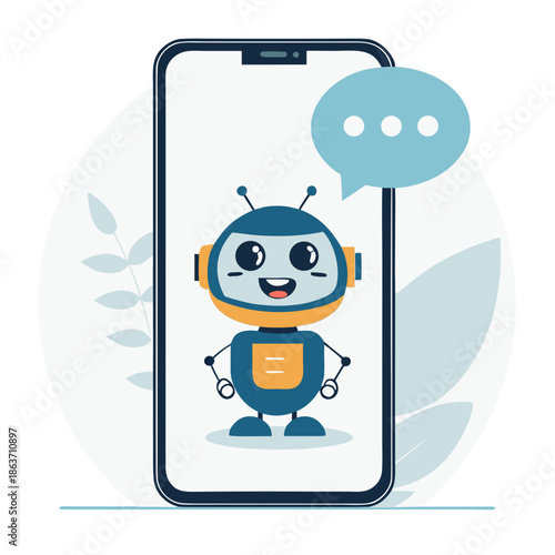Friendly robot mascot popping out of a smartphone screen with a speech bubble