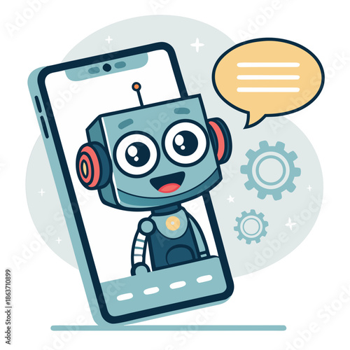 Friendly robot mascot popping out of a smartphone screen with chat bubble