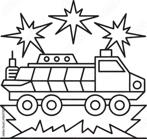 Stylized Line Art of an Armored Vehicle with Explosions and Stars