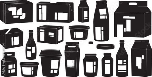A collection of various black silhouettes of packaging and bottles