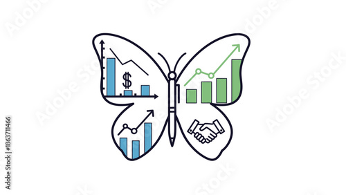 Symbolic butterfly illustration representing business transformation, financial growth, strategic data analysis, and successful market partnerships
