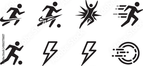 A collection of black and white sports icons on a clean background