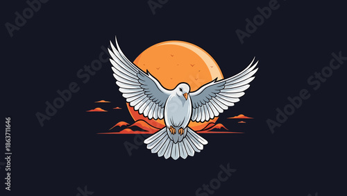 Stylized vector illustration featuring a majestic white dove soaring with outstretched wings against a radiant orange sun, symbolizing peace, freedom, and hope