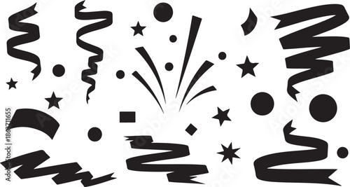 A black and white illustration of festive party decorations