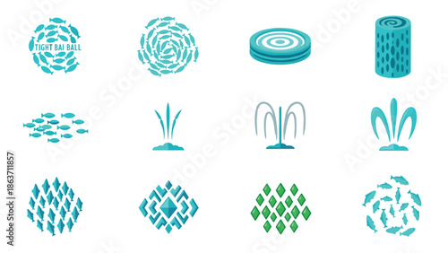 Abstract blue and green geometric patterns with fish and fountain motifs