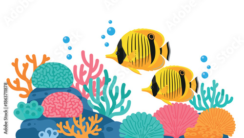 Colorful underwater coral scene with butterfly fish and bubbles