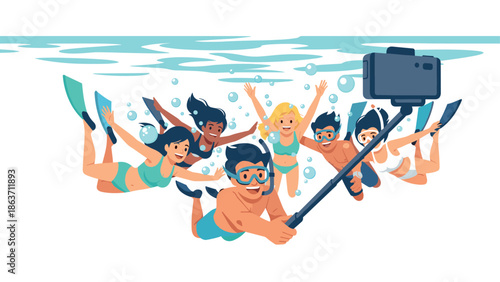 Group of friends snorkeling and taking selfie underwater in clear blue water