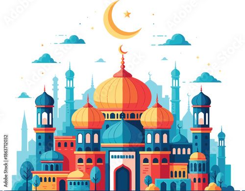 Vibrant stylized illustration of a mosque with multiple domes and minarets under a crescent moon and star, depicting Islamic architecture and culture.