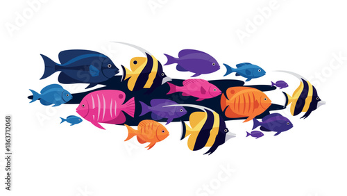 Colorful exotic fish swimming in formation on white background