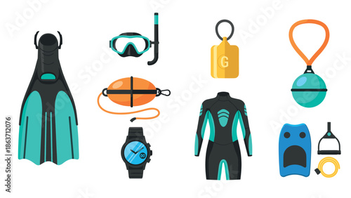 Diving gear essentials: snorkel, fins, and equipment in modern flat design