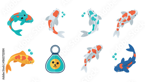 Colorful koi fish collection with bubbles and fishbag cartoon design