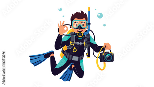 Scuba diver with camera giving ok sign in cartoon style