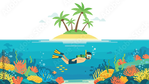 Diver exploring vibrant coral reef near tropical island