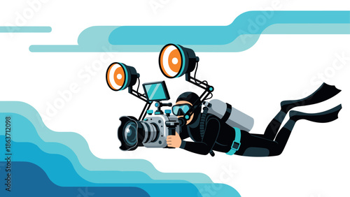 Scuba diver capturing underwater moments with camera in vast ocean