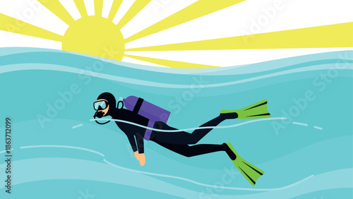Scuba diver swimming deep in the ocean with bright sun above
