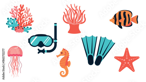Vibrant marine life and snorkeling gear collection on white background