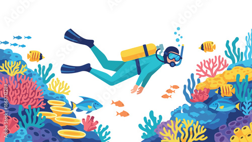 Scuba diver exploring a vibrant coral reef with colorful fish in a flat design