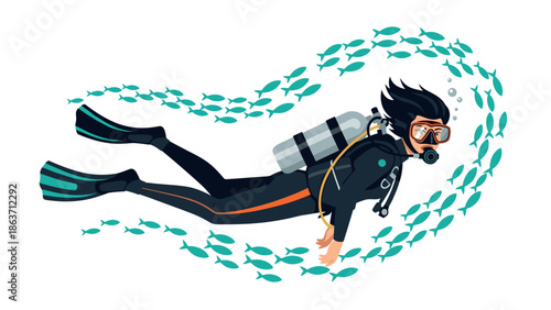 Colorful cartoon style scuba diver surrounded by fish underwater adventure