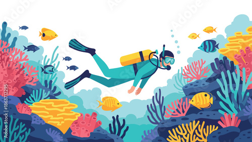 Underwater adventure with scuba diver in vibrant coral reef scene