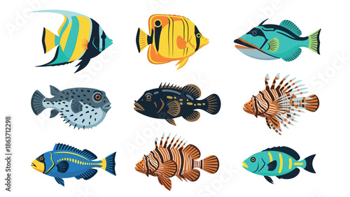 Vibrant marine life collection featuring diverse tropical fish