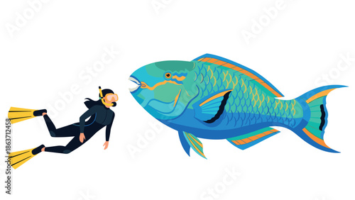 Diver meets colorful fish underwater in flat style artwork
