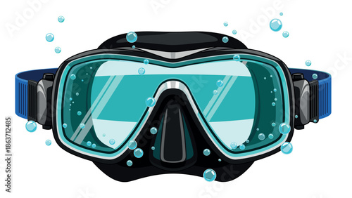 Realistic diving mask with bubbles on white background