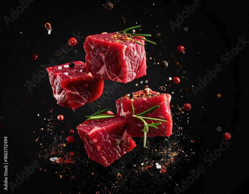 Four raw meat cubes levitating with herbs and spices against black background