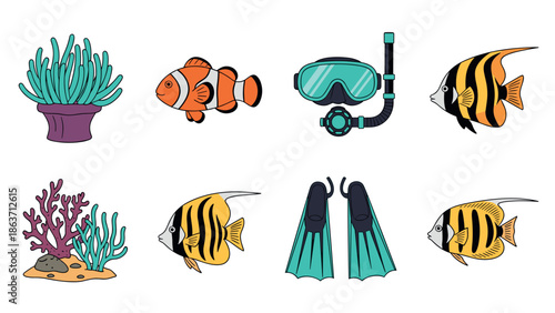 Colorful marine life and diving gear with corals and tropical fish