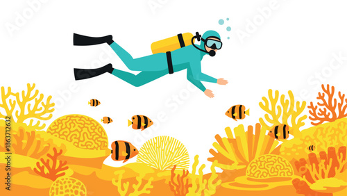 Scuba diver exploring vibrant coral reef with tropical fish