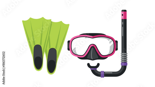 Snorkeling gear set with mask snorkel and flippers in flat design