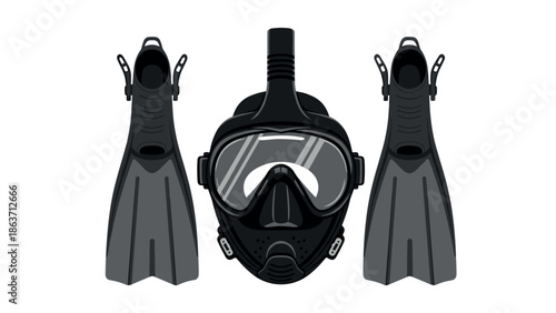 Diving gear set: mask and fins in detailed gray design