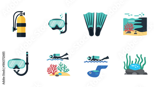 Diving equipment and ocean life icons set in flat design