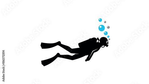 Silhouette scuba diver with bubbles on white background