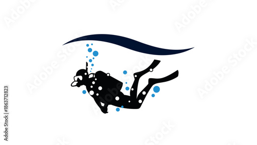 Diver exploration underwater adventure silhouette with bubbles and waves