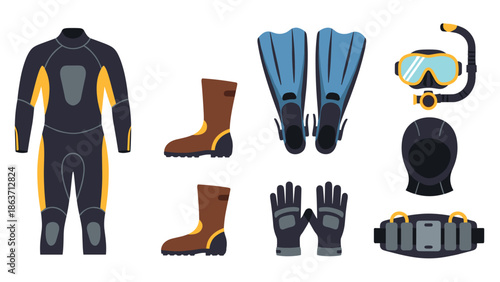 Scuba diving gear set: wetsuit, flippers, mask, snorkel, boots, gloves, belt