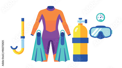 Colorful diving gear set featuring wetsuit, snorkel, flippers, tank, gauge, mask