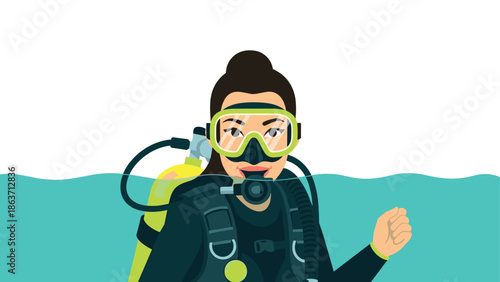 Smiling scuba diver woman in wetsuit with gear in ocean cartoon style