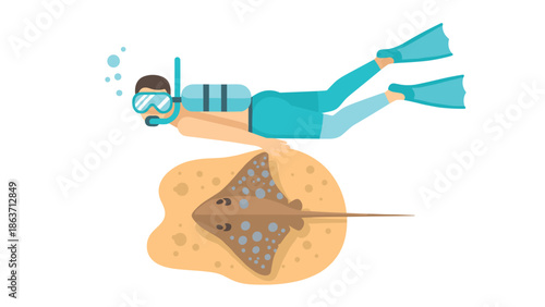 Scuba diver exploring underwater with stingray in flat design