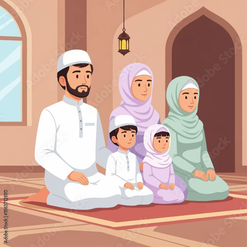 Muslim Family Praying Together Inside Mosque.