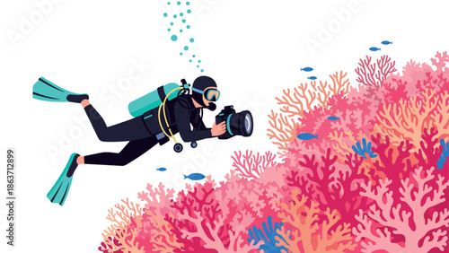 Scuba diver capturing underwater coral reefs with camera amidst vibrant marine life