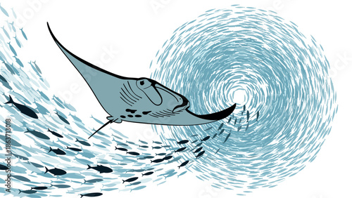 Majestic manta ray leading a spiraling underwater school of fish in dynamic composition