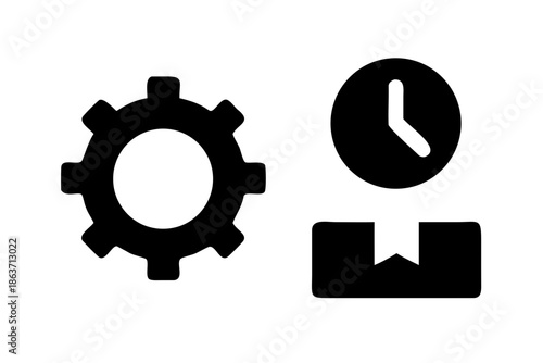 A set of three black and white icons representing settings and time management