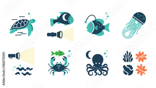 Marine life icons: stylized sea creatures and elements collection