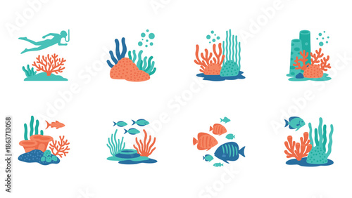 Set of flat coral reef elements with fish and diver in vibrant colors